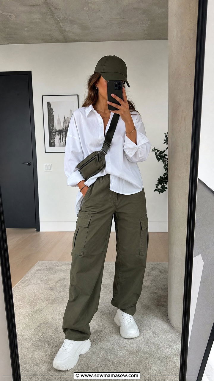 White button down with cargo pants and chunky sneakers - 30 chic white button down shirt outfit ideas