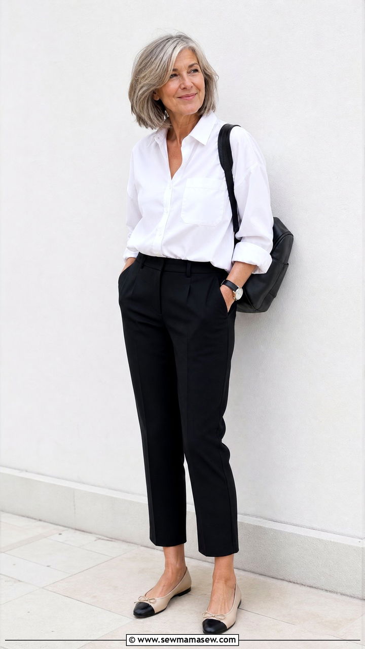 White button down with cropped black pants - 30 French girl outfit ideas for women over 60