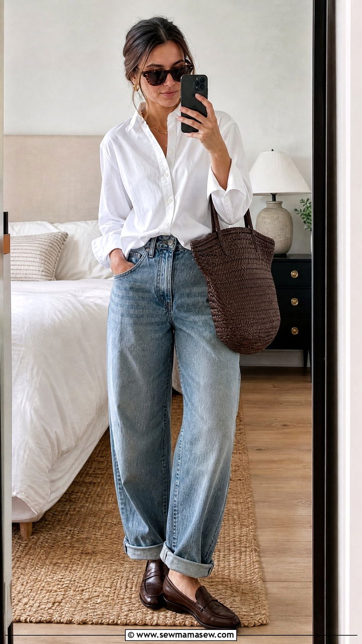 White button down with cuffed baggy jeans and loafers - 25 How to style baggy jeans