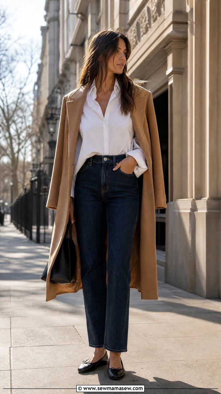 White button down with dark denim and camel coat outfit - 25 Quiet luxury on a budget outfit ideas
