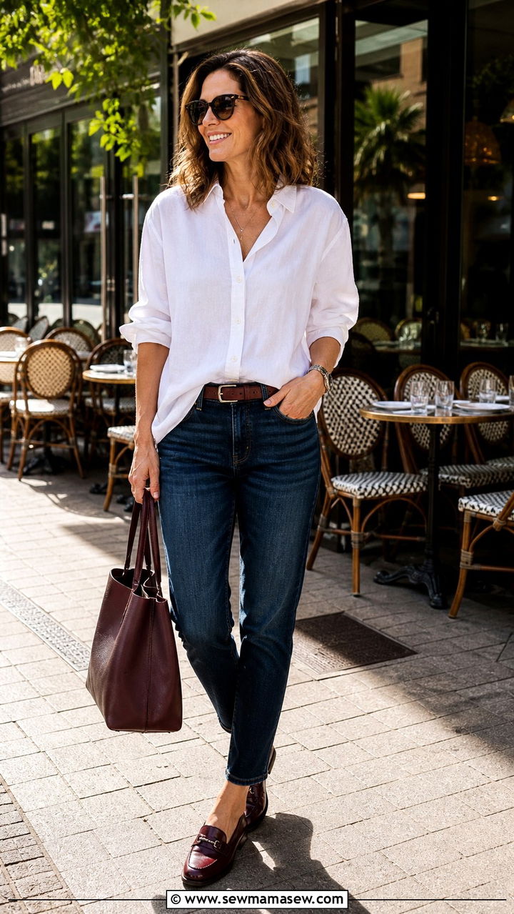 White button down with dark jeans and loafers - 40 spring outfit ideas for women over 40