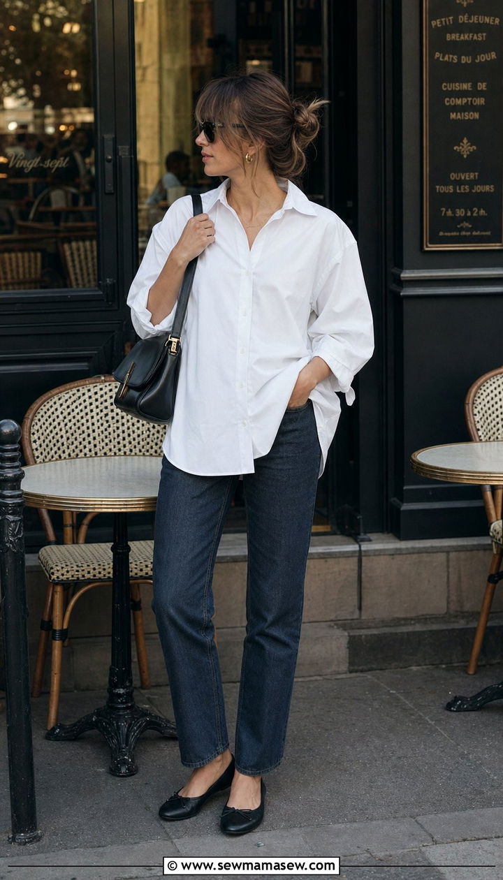 White button down with dark wash jeans and ballet flats - 25 Study abroad outfit ideas