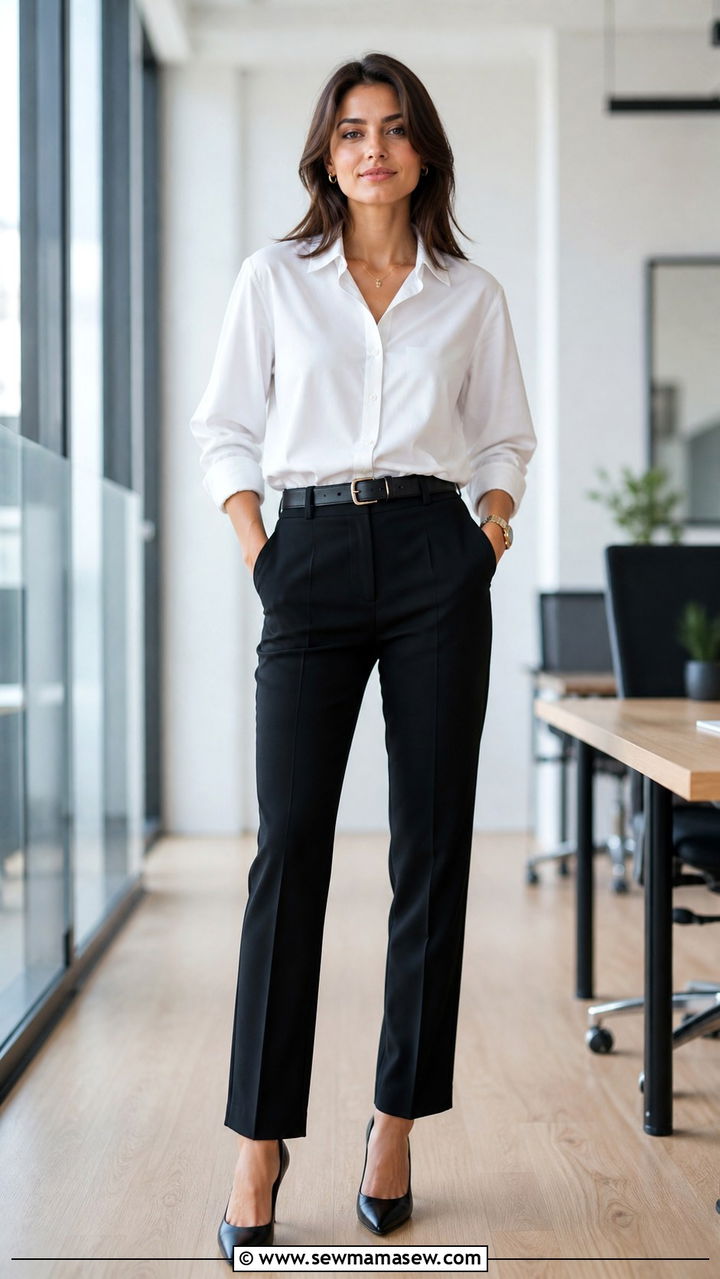 White button down with high waist trousers - 40 office outfits 2026