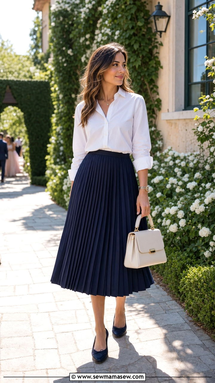 White button down with pleated midi skirt - 25 spring white shirt outfit ideas
