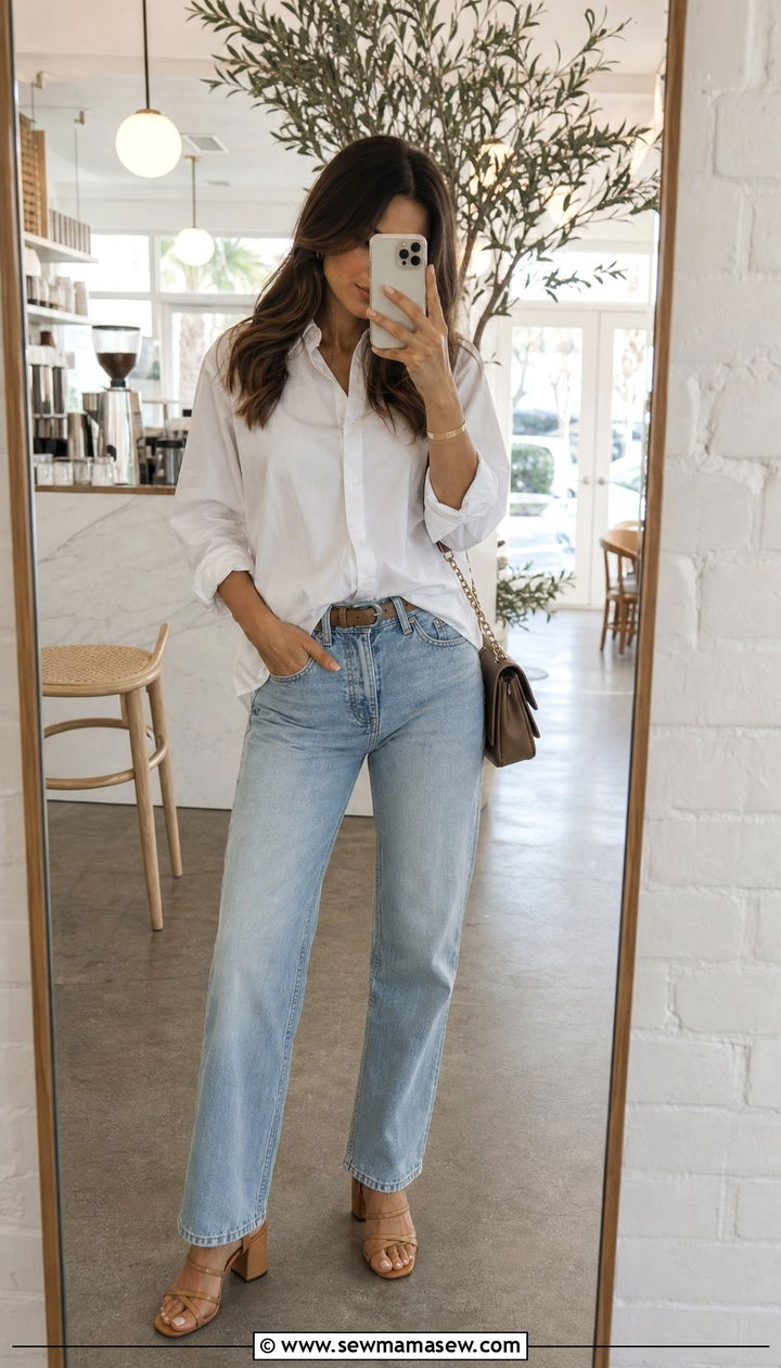 White button down with relaxed jeans and block heel sandals - 25 spring outfits with block heels