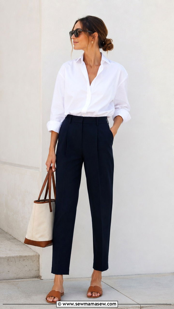 White button down with tailored trousers summer office outfit - 25 seasonal office outfit ideas