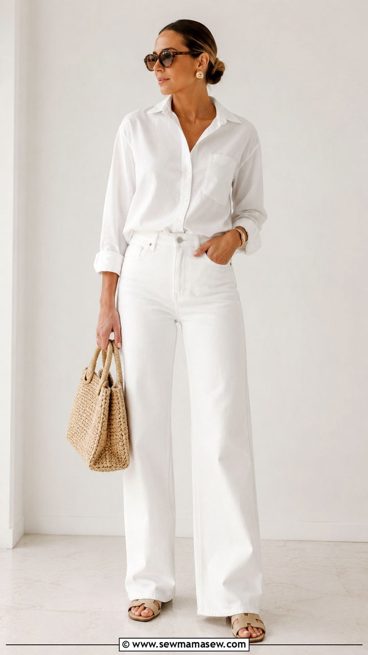 White button down with white jeans monochrome outfit - 30 chic white button down shirt outfit ideas