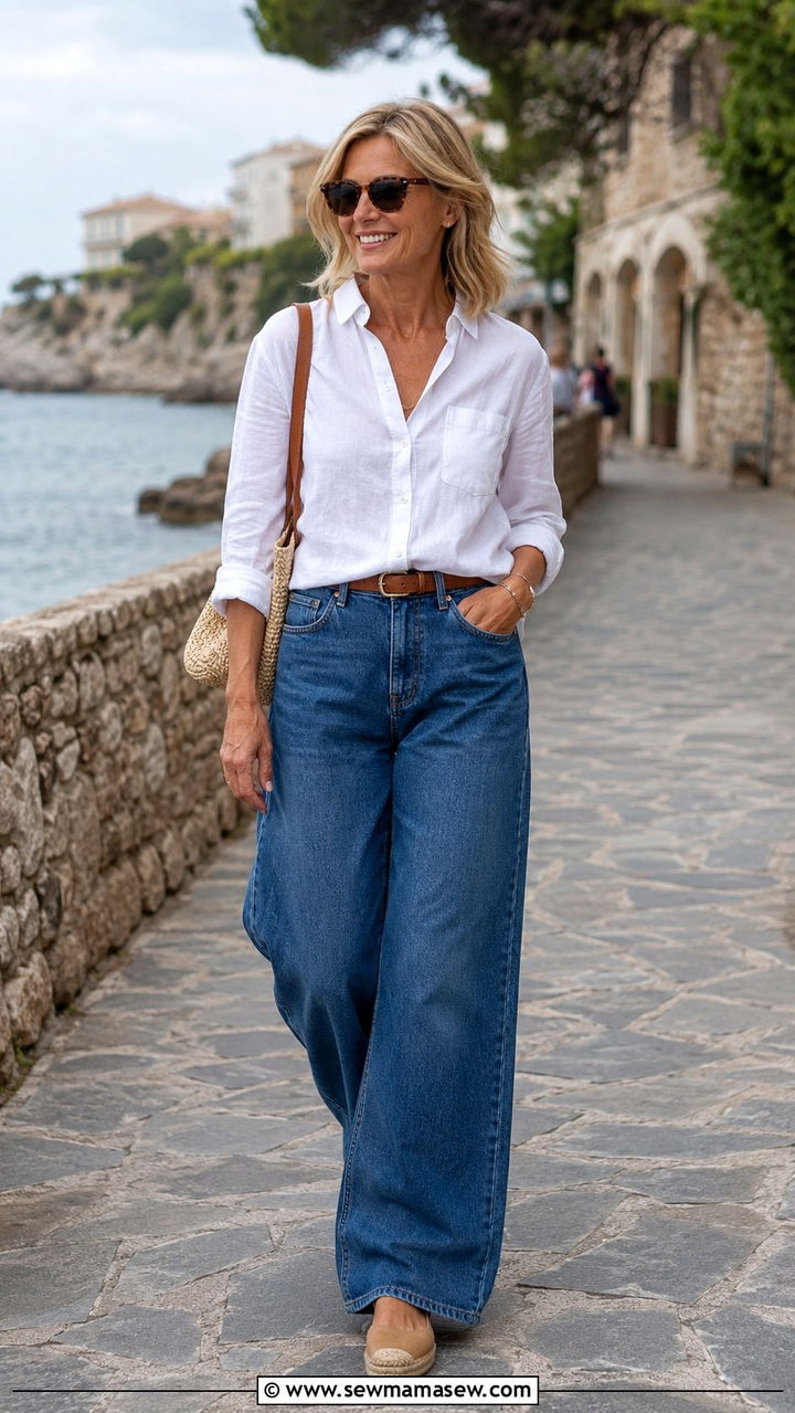 White button down with wide leg denim and espadrilles - 30 parisian outfit ideas for women over 40