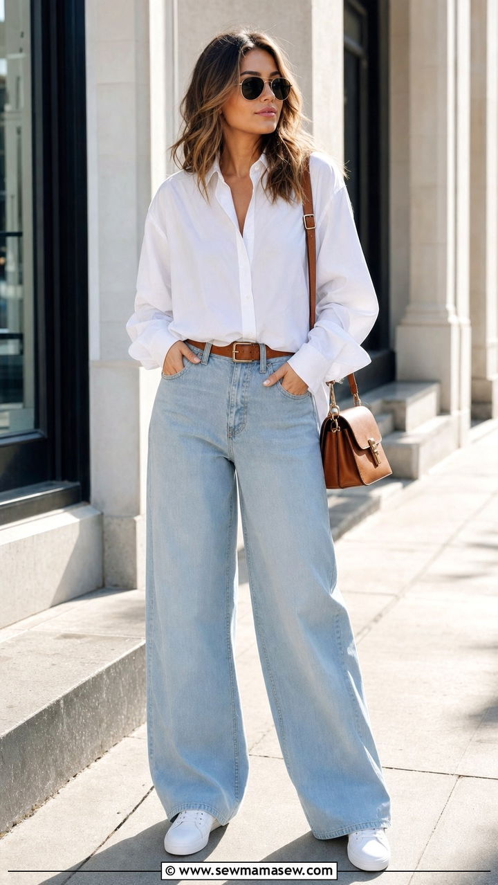 White button down with wide leg jeans outfit - 25 spring outfits 2026 women Pinterest