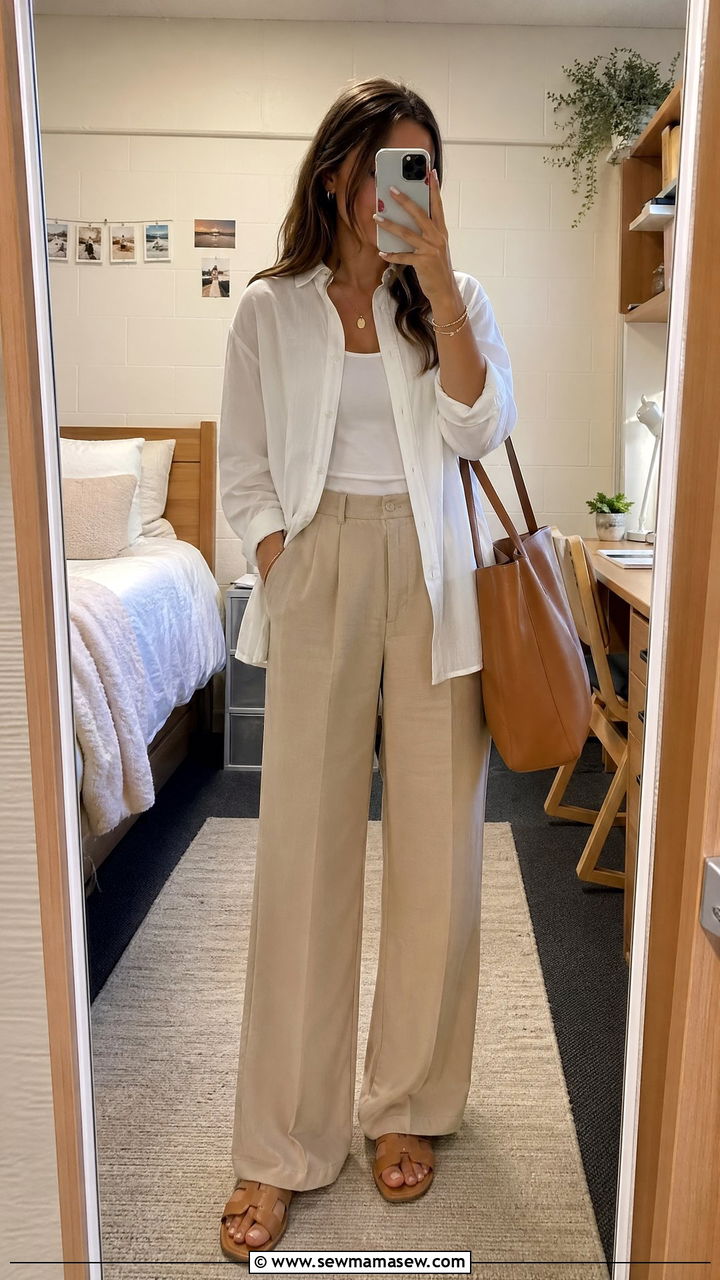 White button up and beige trousers clean girl look - 35 First day of college outfit ideas