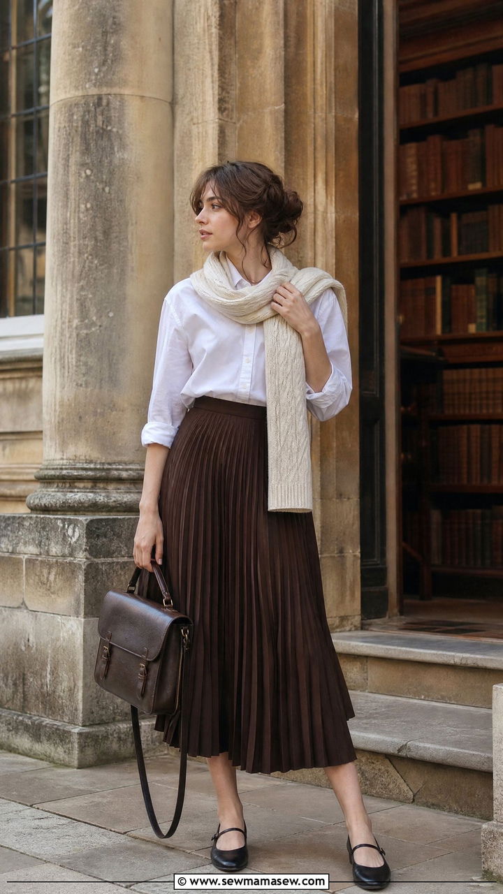 White button up and brown midi skirt outfit - 30 dark academia outfits ideas