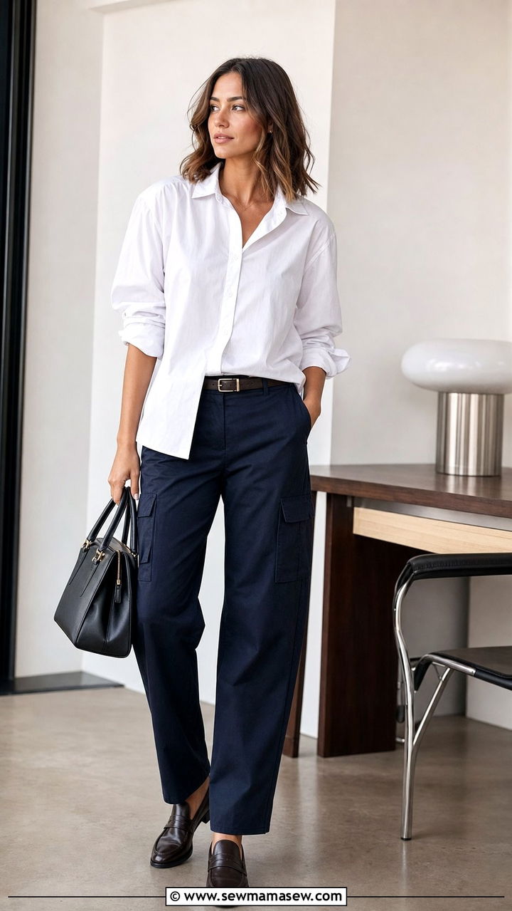 White button up shirt with cargo pants and loafers - 25 spring cargo pants outfit ideas