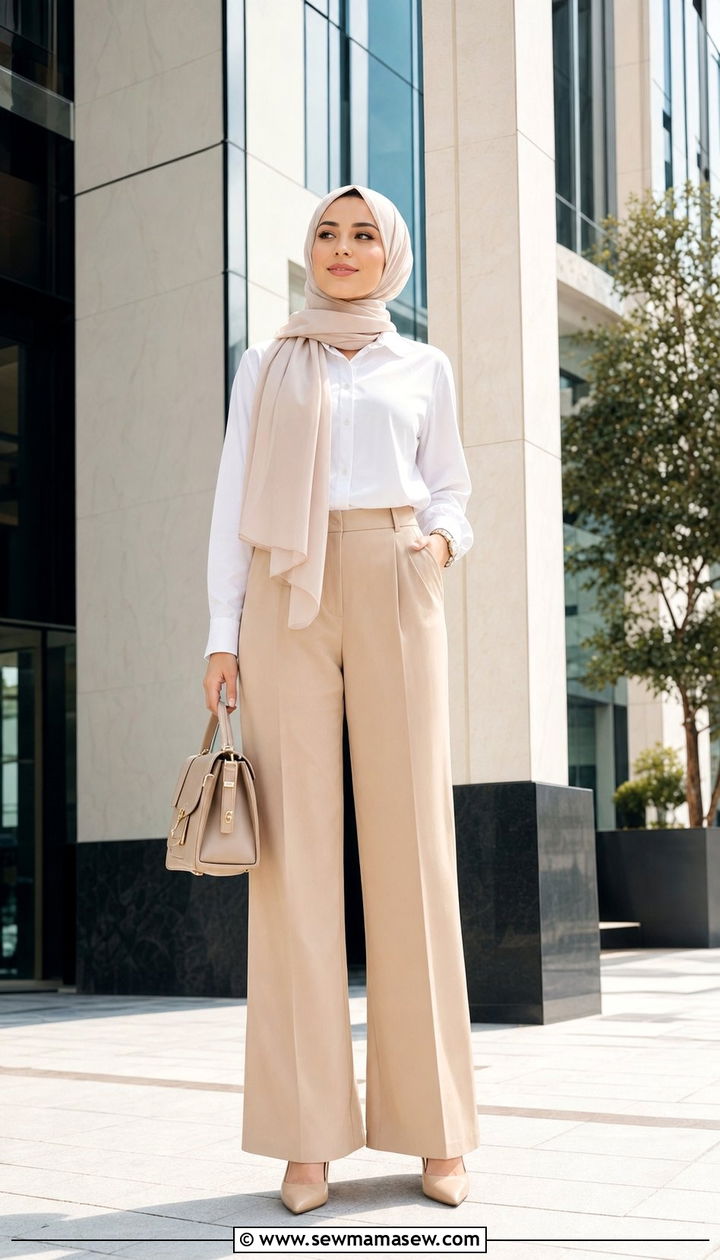 White button up shirt with wide leg trousers and neutral hijab - 25 classy outfits for hijab women