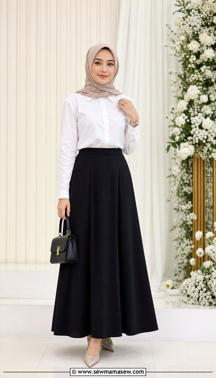 White button up with black A line maxi skirt and beige heels - 25 classy outfits for hijab women