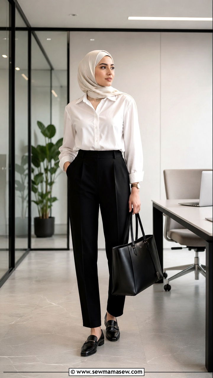 White button up with structured trousers and hijab - 25 outfit ideas for hijab women