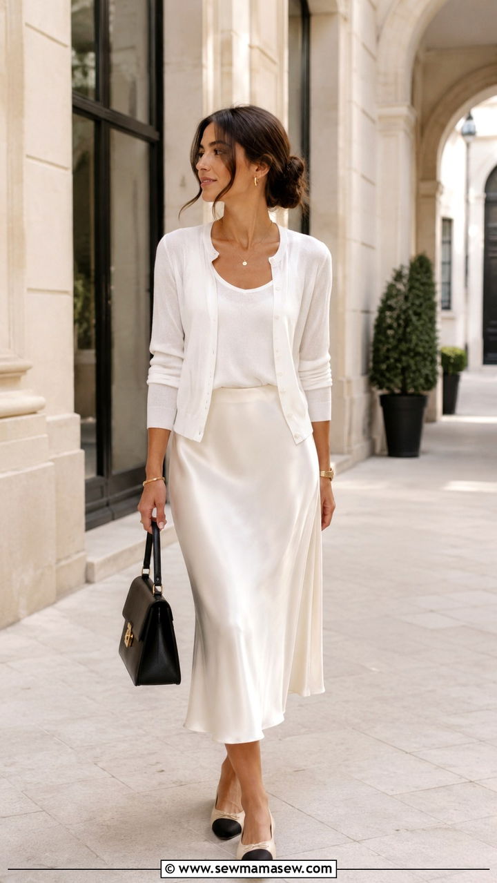 White cardigan and cream midi skirt - 30 Spring Parisian outfits 2026