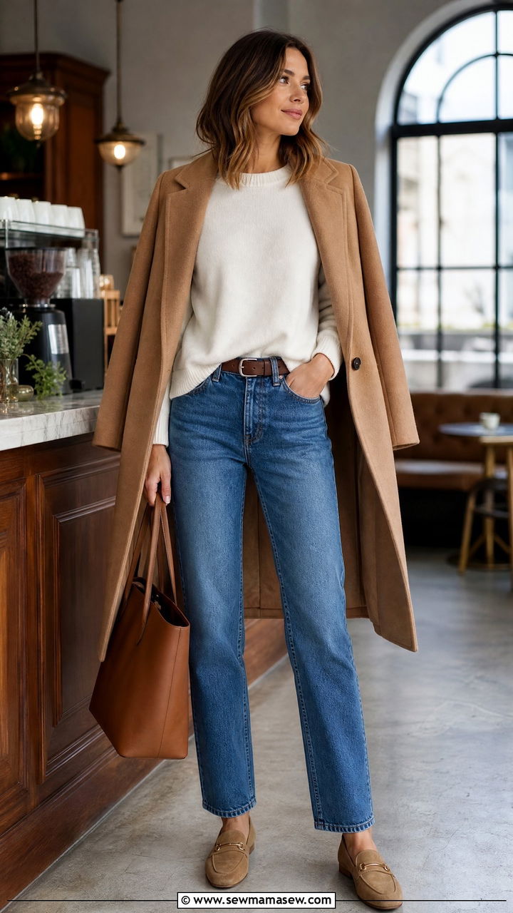 White cashmere crewneck with straight leg blue jeans - 30 Denim and white outfit ideas