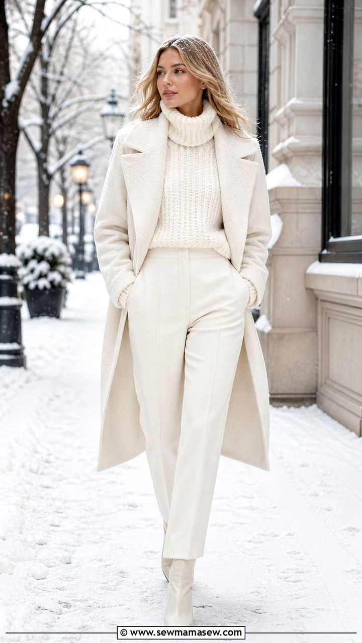White chunky knit sweater and cream trousers outfit - 40 Monochromatic outfit ideas