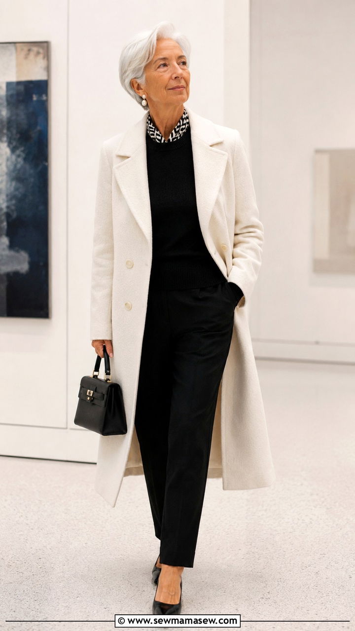 White coat over all black ensemble - 20 Christine Lagarde style outfit ideas