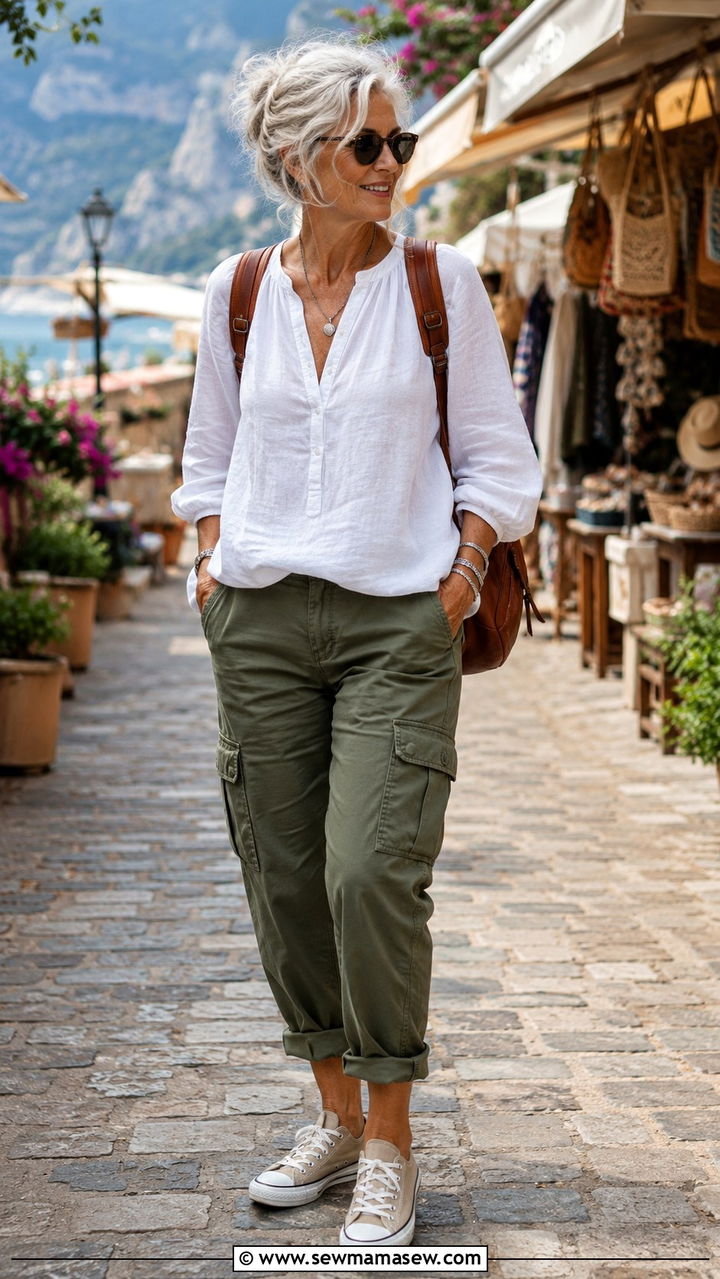 White cotton blouse with olive utility pants - 30 Chic outfits for women over 60
