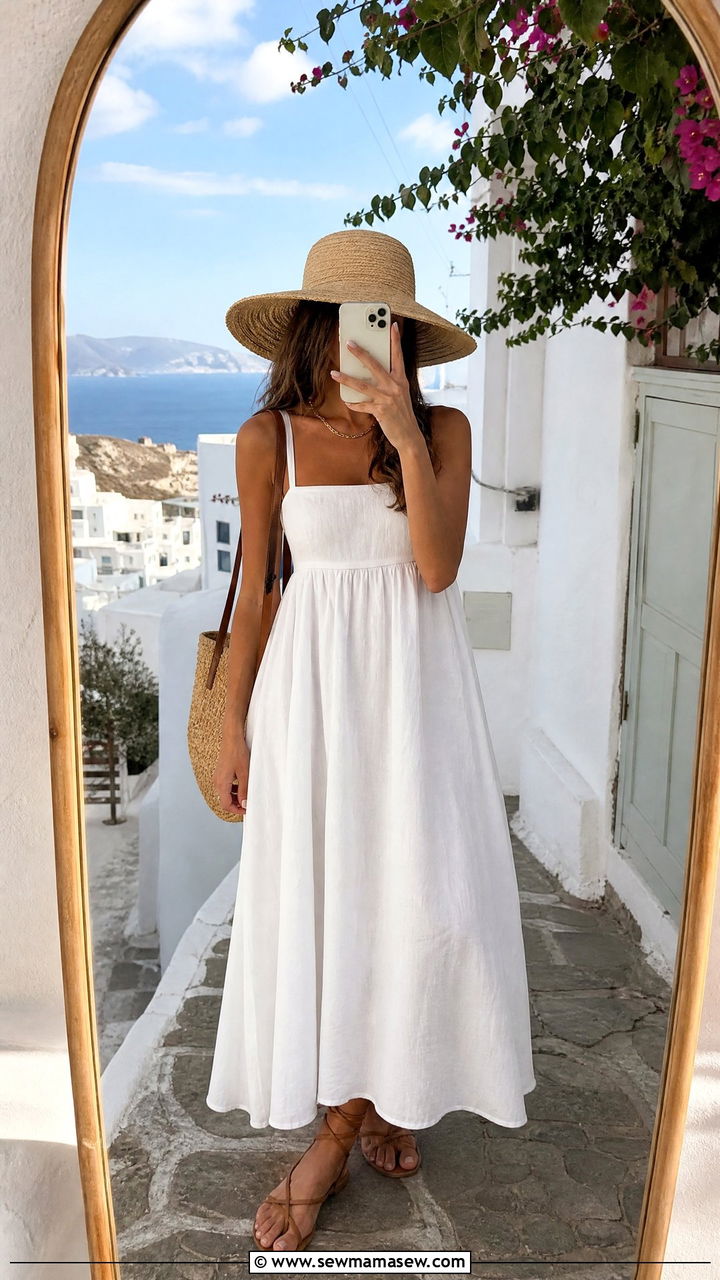 White cotton maxi dress with strappy sandals and straw bag - 35 hot weather outfits trends