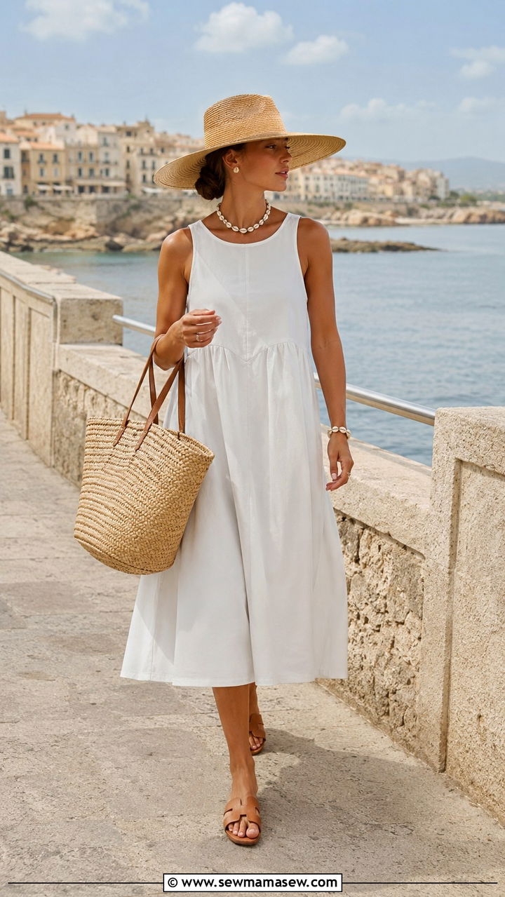 White cotton midi dress with straw hat and natural accessories - 20 Quiet luxury Loro Piana dupes outfit ideas
