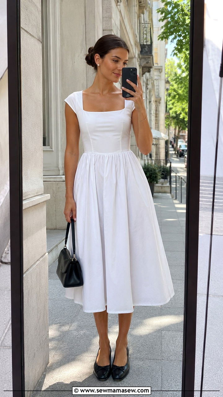White cotton poplin dress with ballet flats - 25 White dress outfit ideas summer 2026