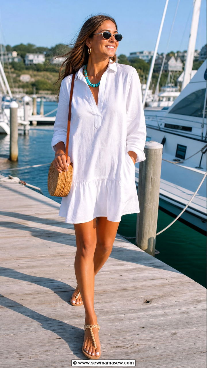 White cotton popover dress with raffia bag - 30 Summer boat day outfit ideas