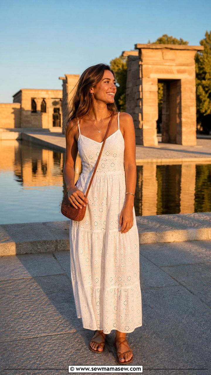White cotton sundress with strappy sandals and a crossbody bag - 40 What to wear in Madrid