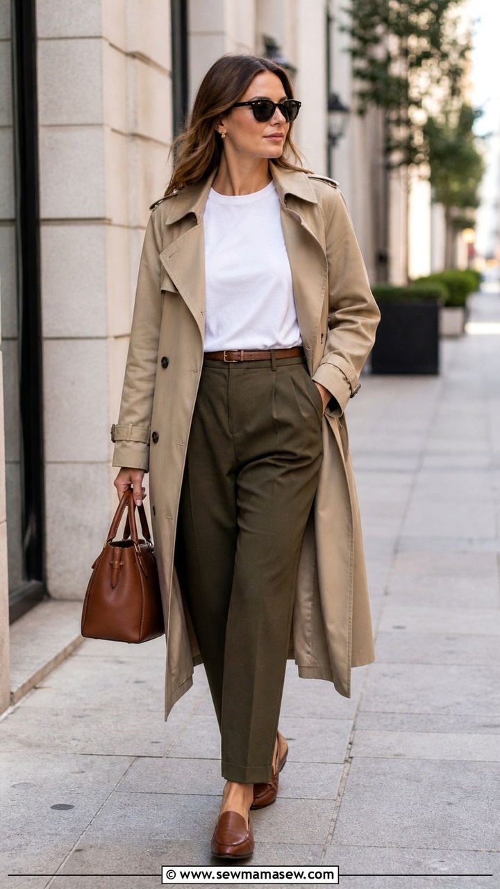 White crewneck tee with olive trousers and a trench - 40 classy outfits for women