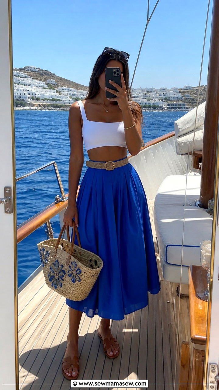 White cropped top with high waist midi skirt and flat sandals for Mykonos - 40 What to wear in Mykonos