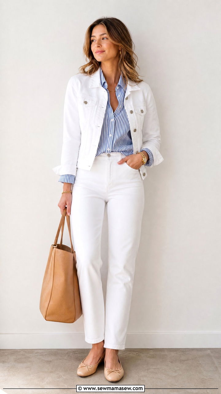 White denim jacket with a blue striped shirt and white jeans - 30 Denim and white outfit ideas