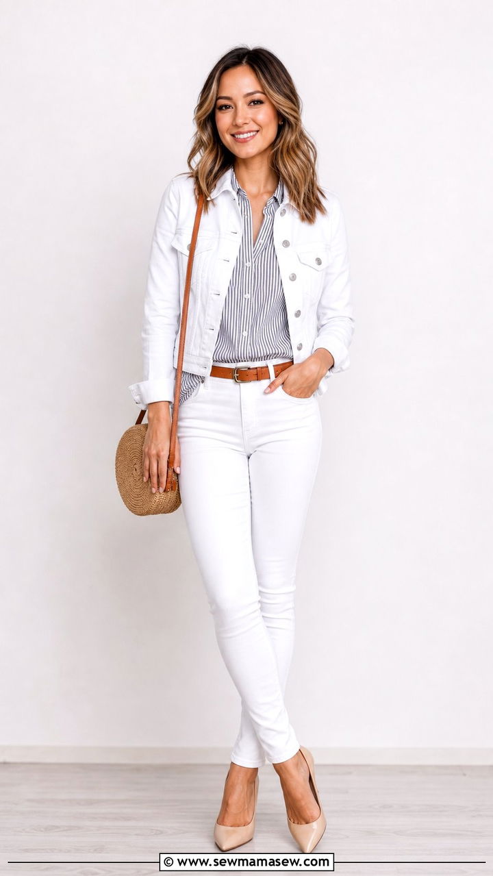 White denim jacket with white skinny jeans - 25 Double denim outfit ideas petite
