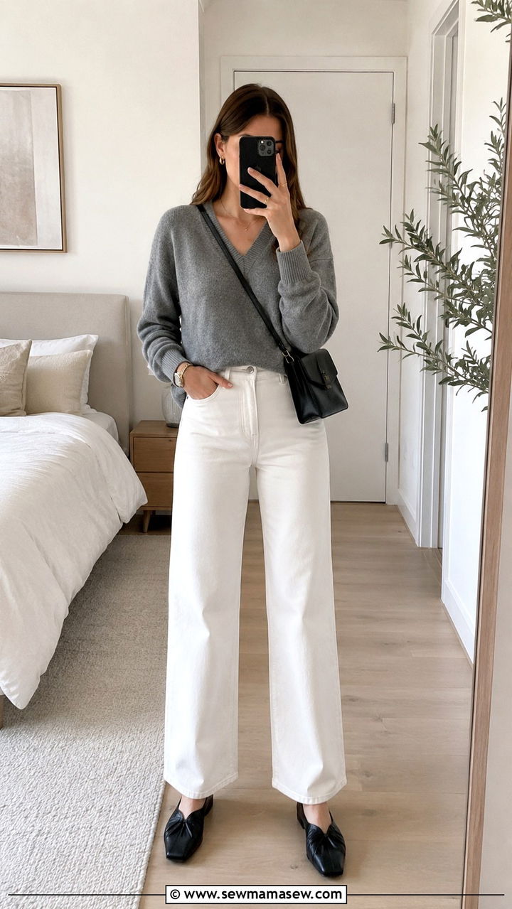 White denim with V neck sweater outfit - 30 scandinavian capsule wardrobe outfits