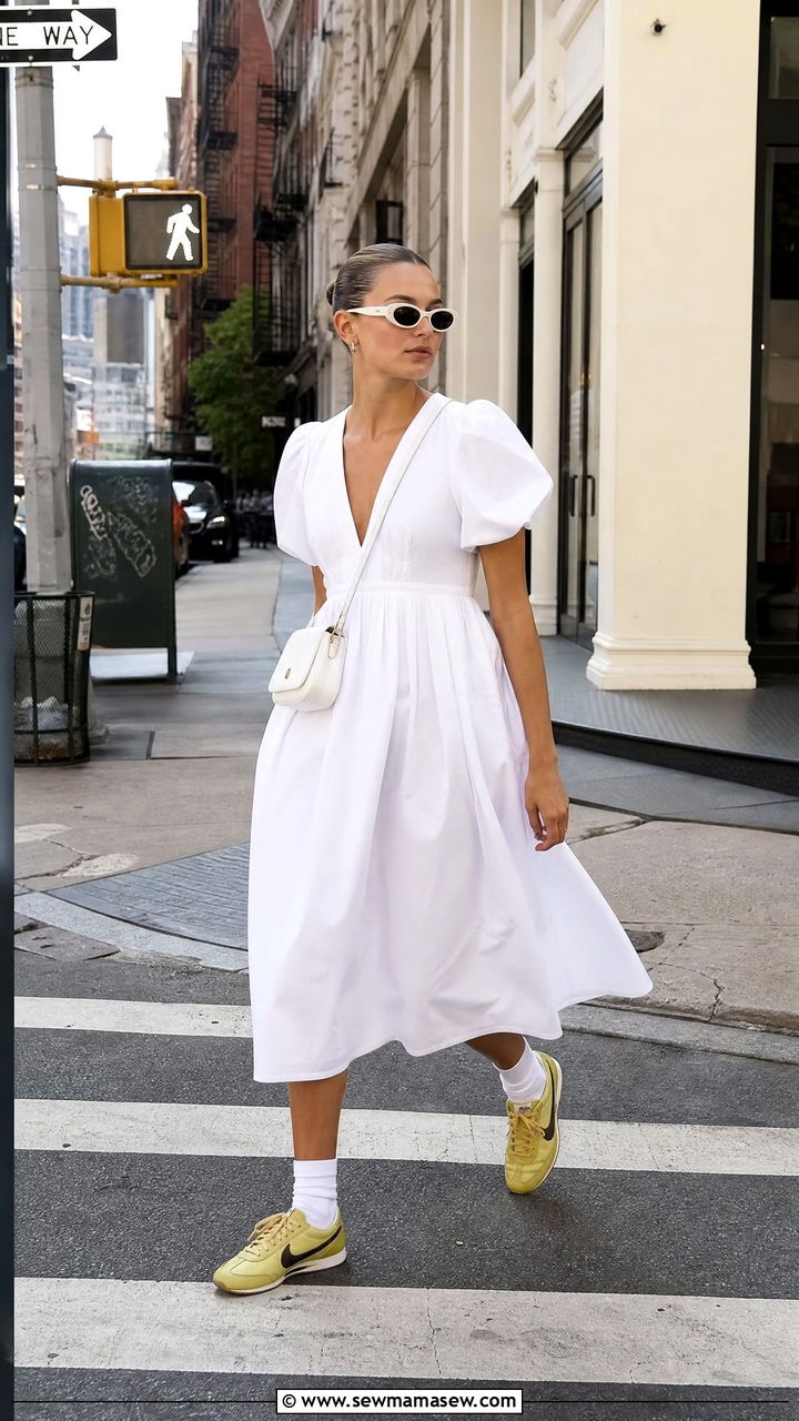 White dress with lemon yellow sneakers - 30 summer lemon yellow outfit ideas