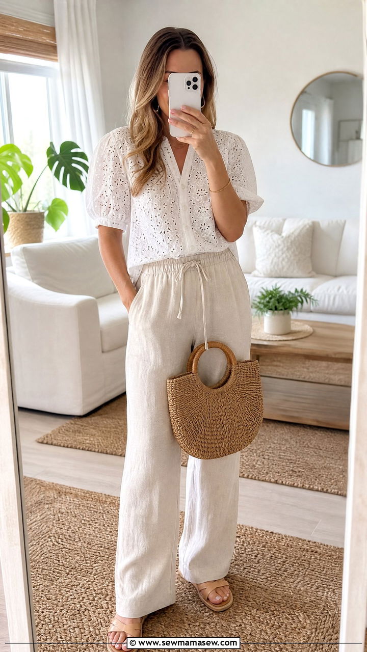 White eyelet blouse and cream linen trousers - 30 summer neutral outfit ideas
