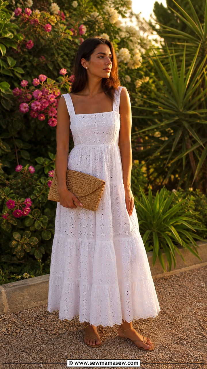 White eyelet cotton maxi dress with leather thong sandals Ibiza - 40 What to wear in Ibiza