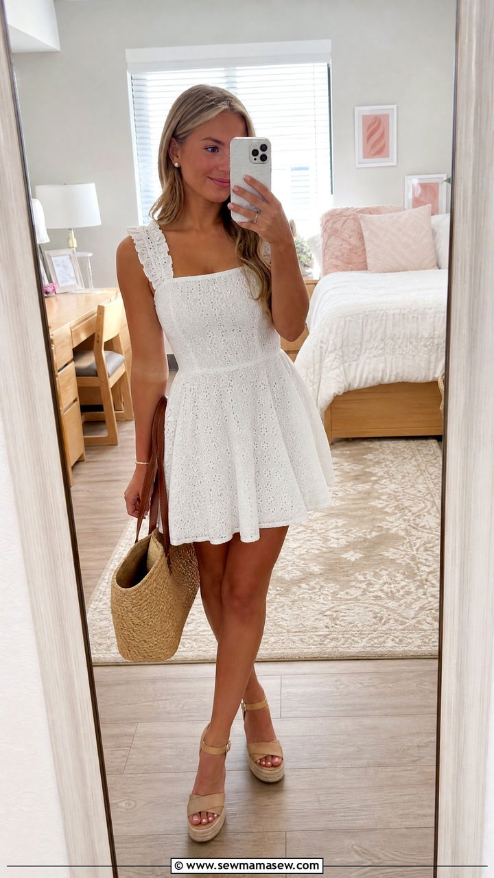 White eyelet dress and espadrille wedges - 25 Rush week outfit ideas day 1