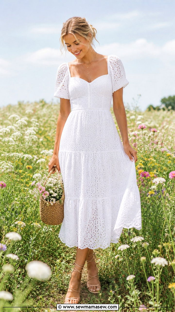 White eyelet dress and strappy sandals outfit - 40 First day of summer outfits