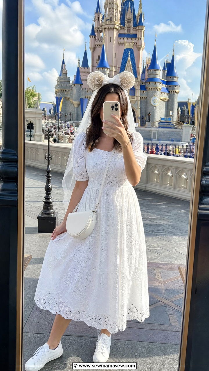 White eyelet dress with bride Minnie ears and comfortable sneakers - 30 Disney outfit ideas for honeymoon