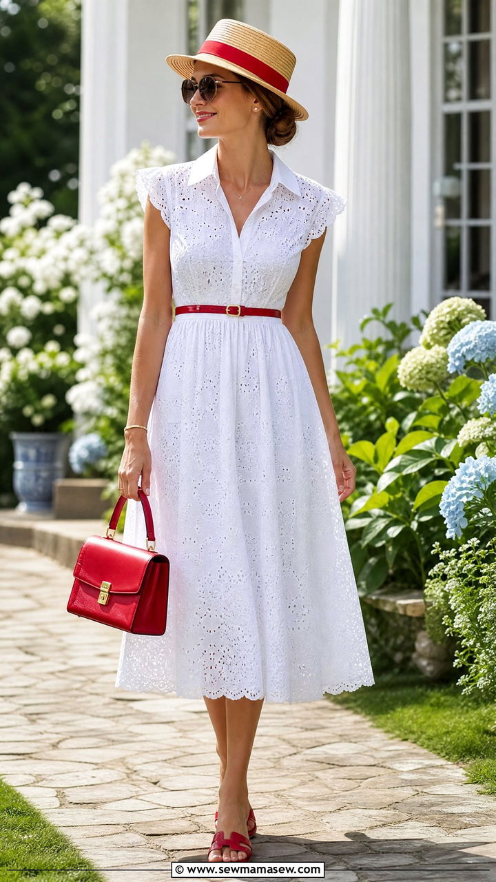 White eyelet dress with red accessories - 30 summer nautical outfit ideas