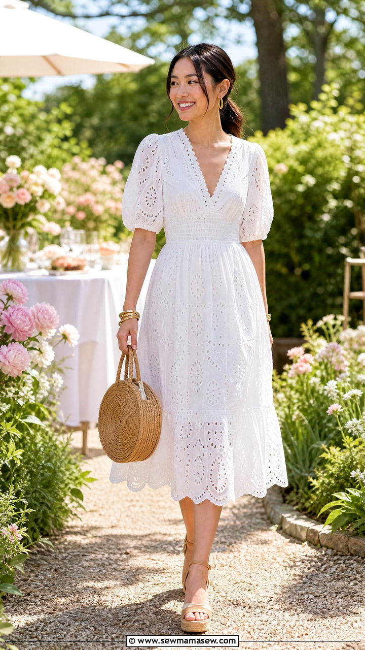 White eyelet dress with wedge sandals - 25 Petite outfit ideas spring 2026