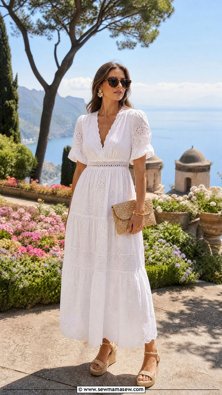 White eyelet maxi dress with wedge sandals - 35 Italy spring outfit ideas