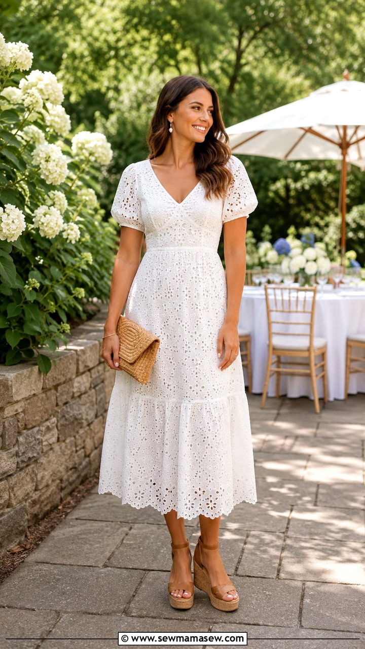 White eyelet midi dress and wedges - 30 June Father's Day outfit ideas