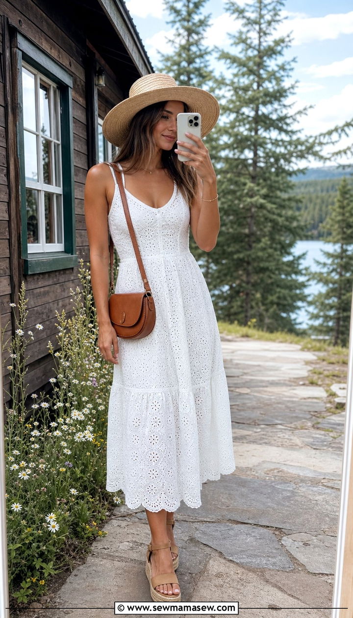 White eyelet midi dress with espadrille sandals and a straw hat - 25 Summer cabin outfits
