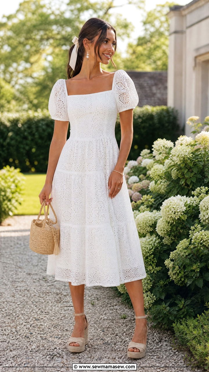 White eyelet midi dress with espadrilles - 30 summer weekend outfit ideas