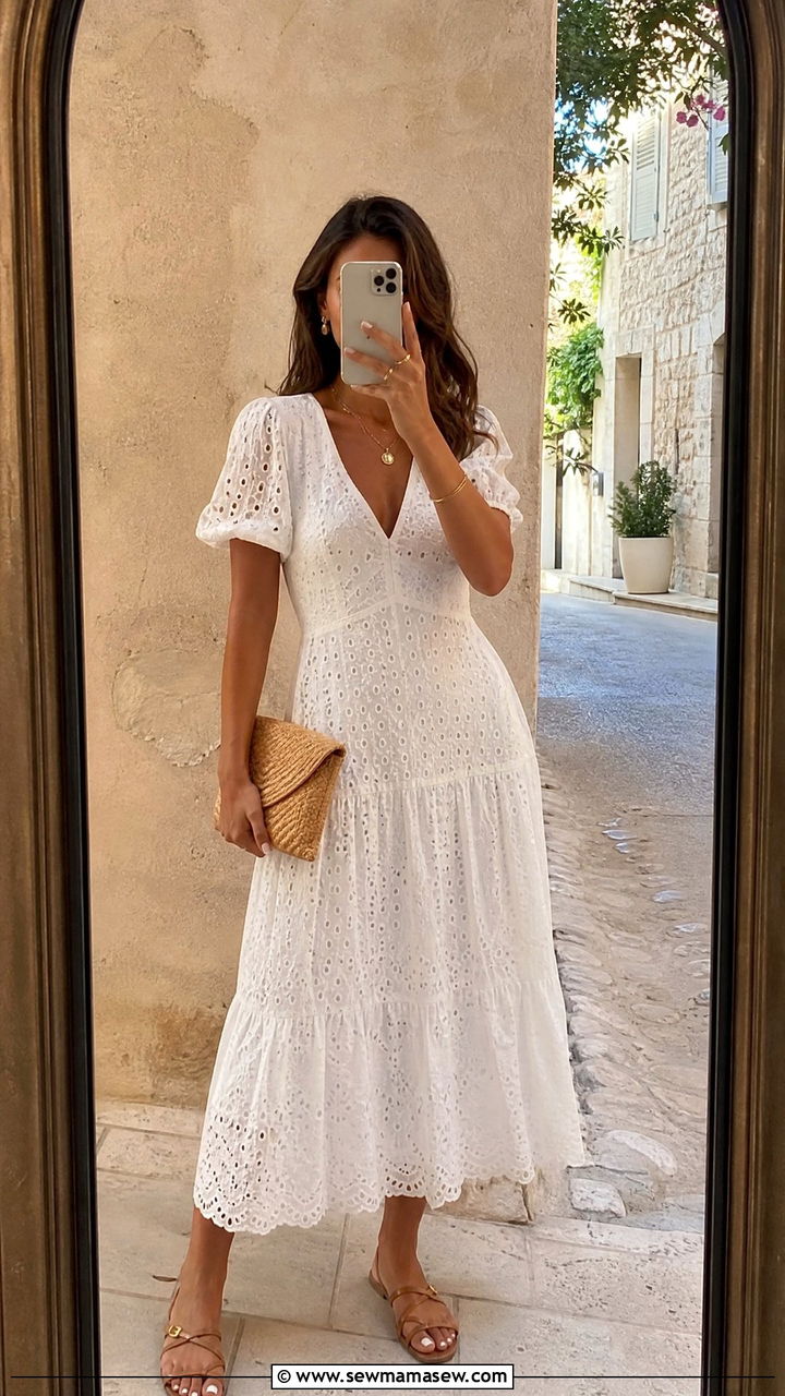 White eyelet midi dress with tan leather sandals - 25 Riviera outfit ideas