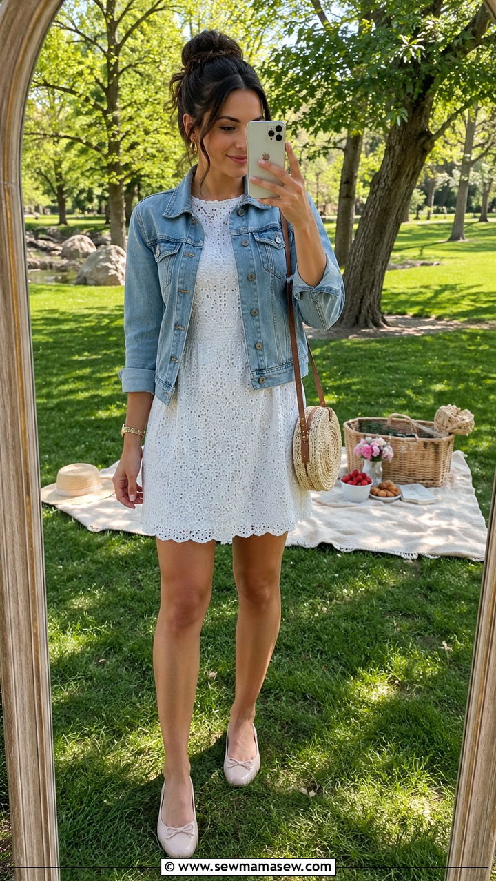 White eyelet shift dress with faded denim jacket - 25 Shift dress outfit ideas with a denim jacket