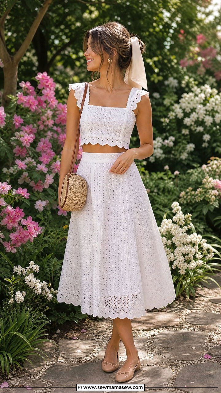 White eyelet two piece and ballet flats outfit - 25 French girl outfit ideas for travel