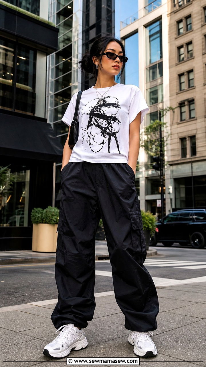 White graphic tee and black parachute pants outfit - 40 Black and white outfit ideas